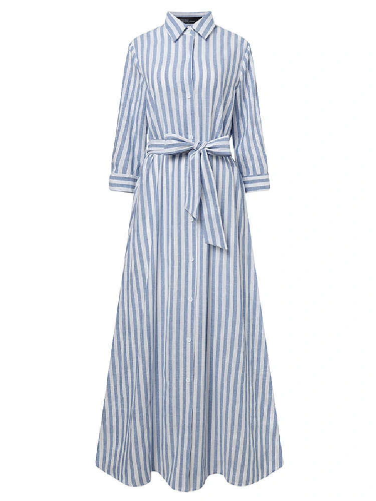 (image for) ZANZEA Women 100% Cotton Classical Striped Print Lapel Button Front Lace-Up Casual Shirt Dress