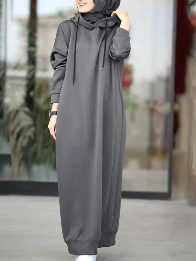 (image for) ZANZEA Women Brief Style Solid Color Drawstring Hooded Casual Dress With Pocket