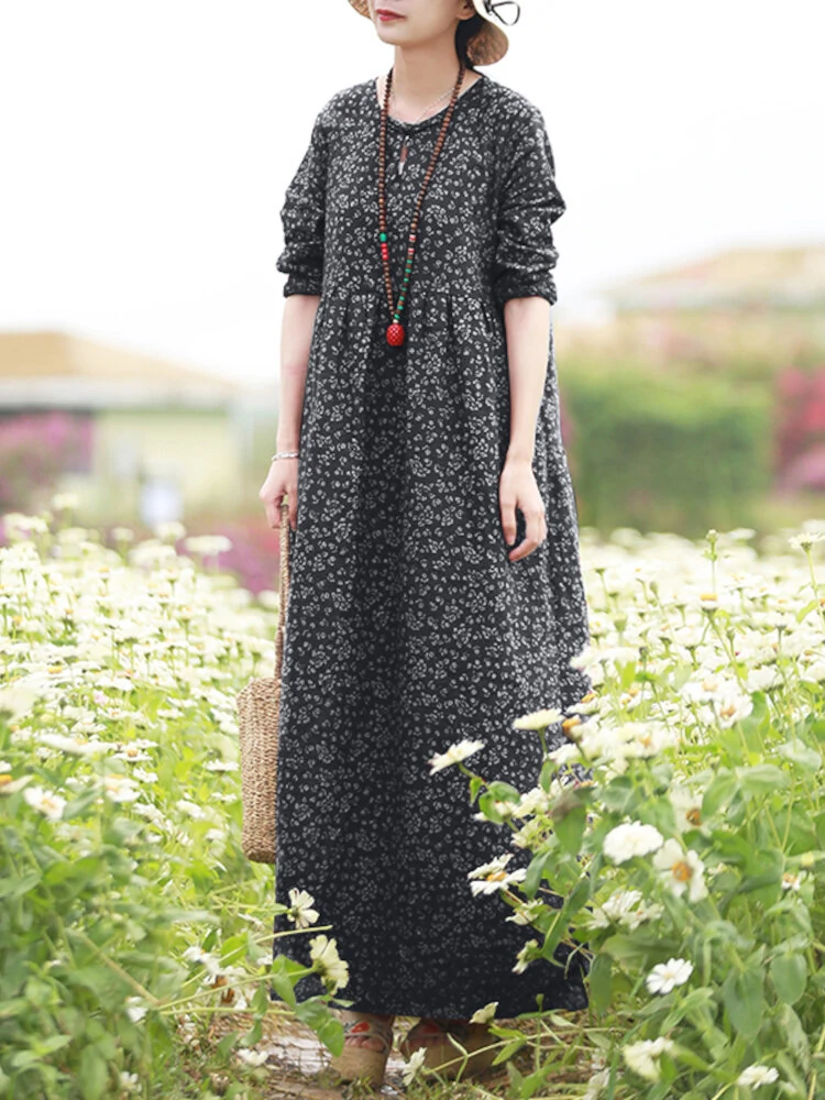 (image for) ZANZEA Women Floral Print O-Neck Long Sleeve Bohemian Holiday Maxi Dress With Pocket
