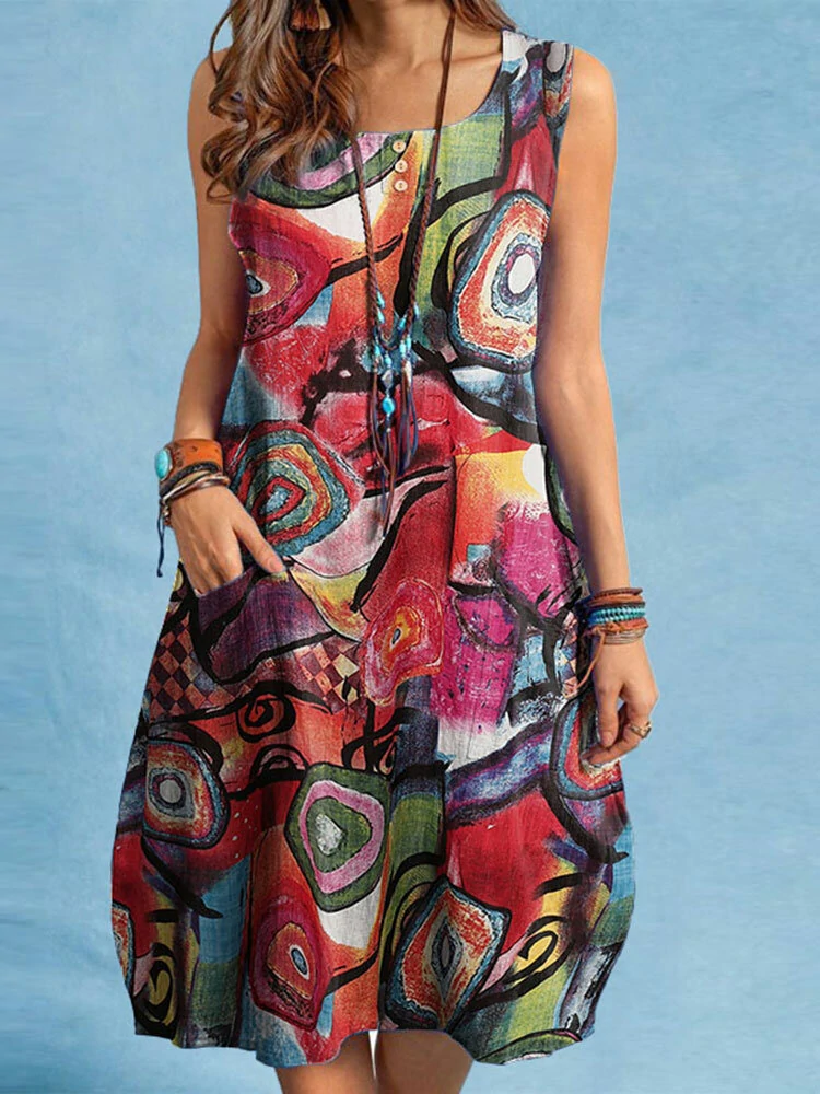 (image for) ZANZEA Women Plus Size Abstract Painted Button Pocket Sleeveless Casual Beach Midi Dress