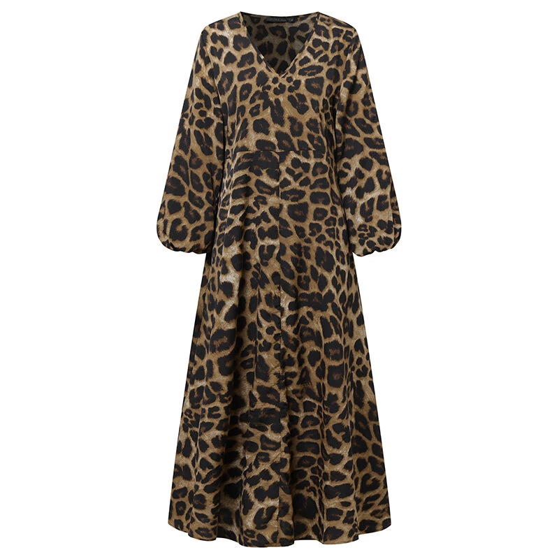 (image for) ZANZEA Women Plus Size Leopard Print Long Dress V-Neck Puff Sleeve Lace-Up Maxi Dress For Women
