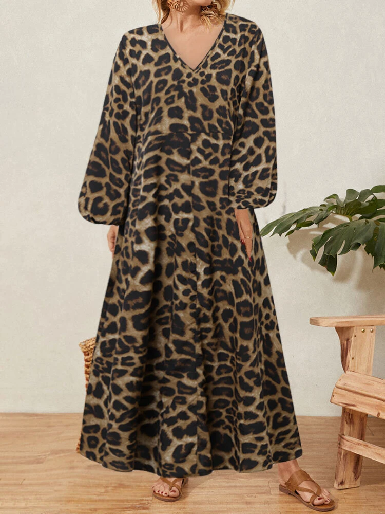 (image for) ZANZEA Women Plus Size Leopard Print Long Dress V-Neck Puff Sleeve Lace-Up Maxi Dress For Women