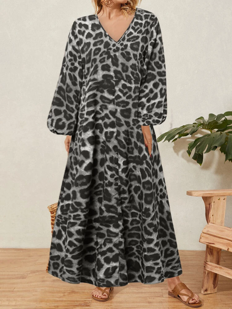 (image for) ZANZEA Women Plus Size Leopard Print Long Dress V-Neck Puff Sleeve Lace-Up Maxi Dress For Women