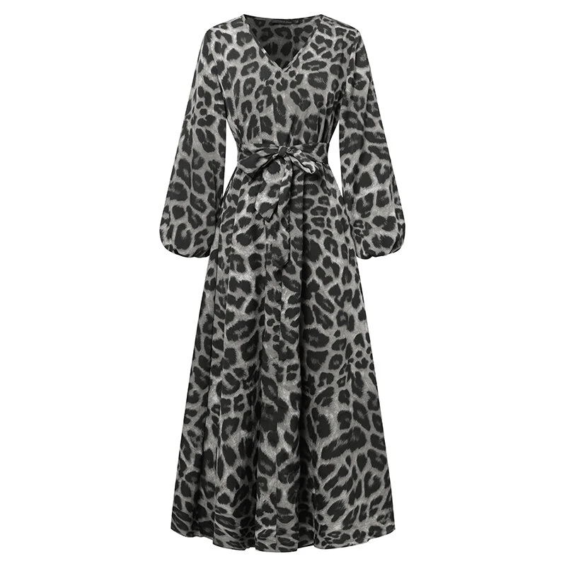 (image for) ZANZEA Women Plus Size Leopard Print Long Dress V-Neck Puff Sleeve Lace-Up Maxi Dress For Women