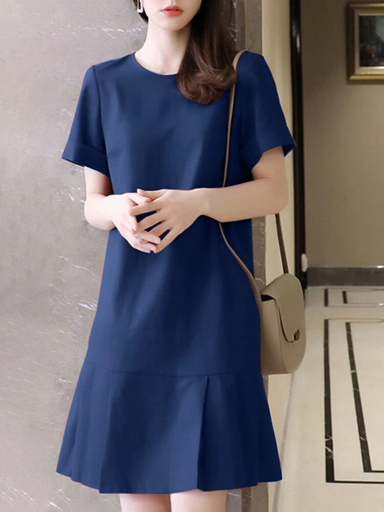 (image for) ZANZEA Women Plus Size Solid Ruffle Hem Pocket Short Sleeve Crew Neck Casual Dress