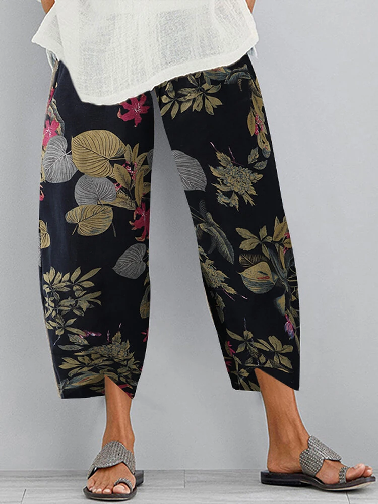 (image for) ZANZEA Women Retro Floral Print Pants Elastic Waist Irregular Hem Casual Pants with Pockets Summer Comfy Cropped Trousers