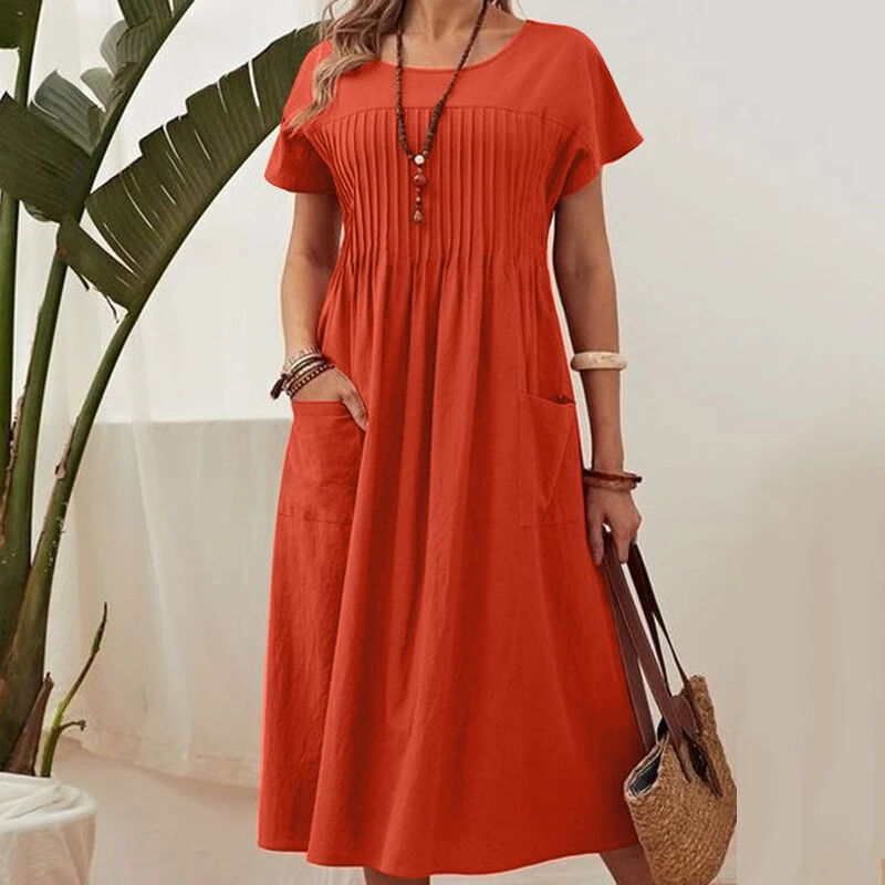(image for) ZANZEA Women Short Sleeve Pleated Party Long Dress Casual Loose Sundress Maxi Dress with Pockets