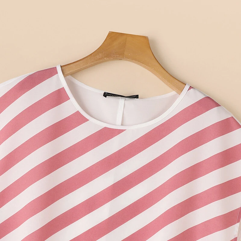(image for) ZANZEA Women Striped Printed T-shirt Fashion Short Sleeve Tee Holiday Summer Holiday Belted Design Casual Simple Tops