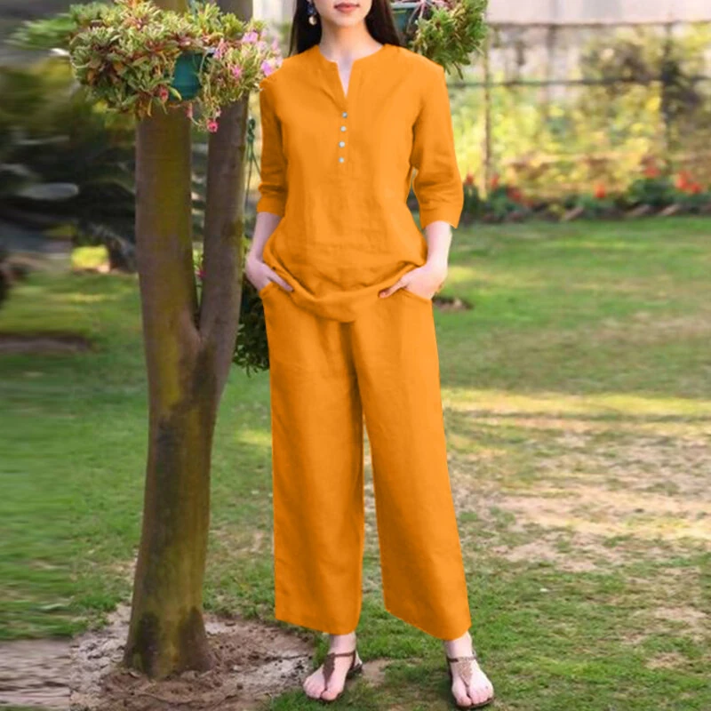 (image for) ZANZEA Women Vintage Daily Pockets Elastic Waist Solid Color Tops Trousers Solid Color Two-Piece Set