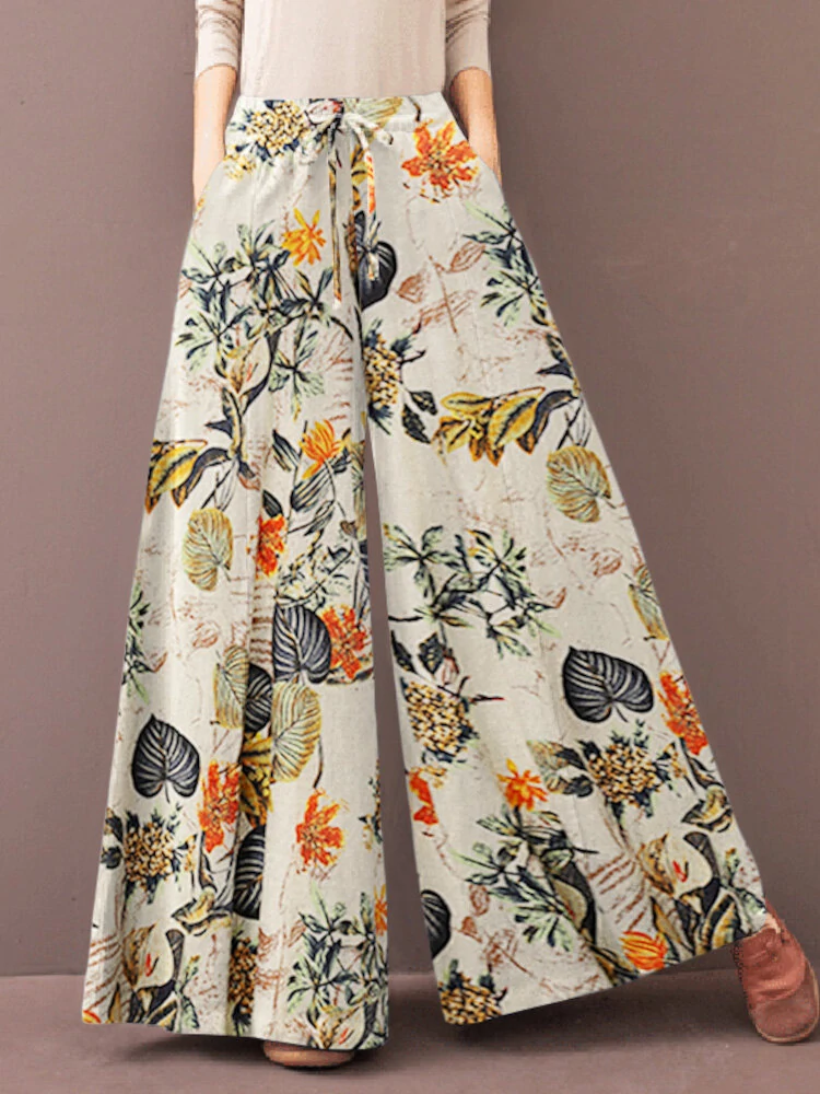 (image for) ZANZEA Women's Culottes Loose Wide Leg Pants Floral Graphic Elastic Waist Palazzo Pants Business Casual Cropped Trousers with Pockets