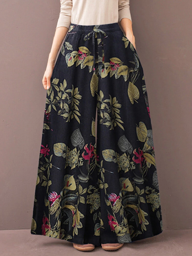 (image for) ZANZEA Women's Culottes Loose Wide Leg Pants Floral Graphic Elastic Waist Palazzo Pants Business Casual Cropped Trousers with Pockets