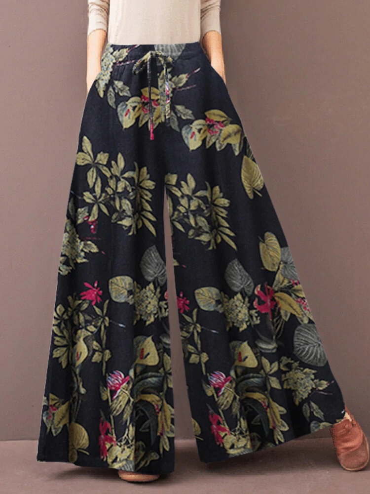 (image for) ZANZEA Women's Culottes Loose Wide Leg Pants Floral Graphic Elastic Waist Palazzo Pants Business Casual Cropped Trousers with Pockets