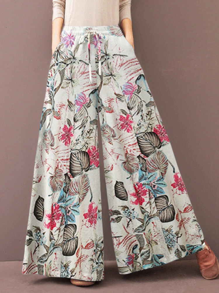 (image for) ZANZEA Women's Culottes Loose Wide Leg Pants Floral Graphic Elastic Waist Palazzo Pants Business Casual Cropped Trousers with Pockets