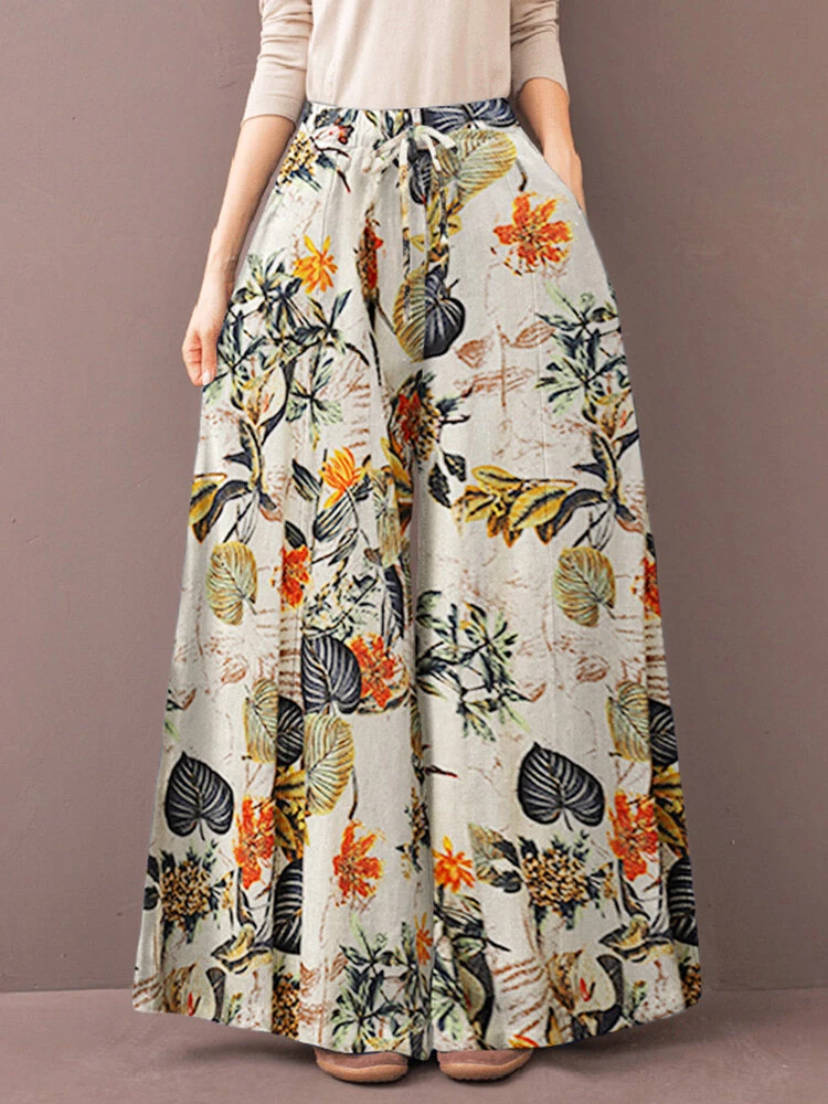 (image for) ZANZEA Women's Culottes Loose Wide Leg Pants Floral Graphic Elastic Waist Palazzo Pants Business Casual Cropped Trousers with Pockets