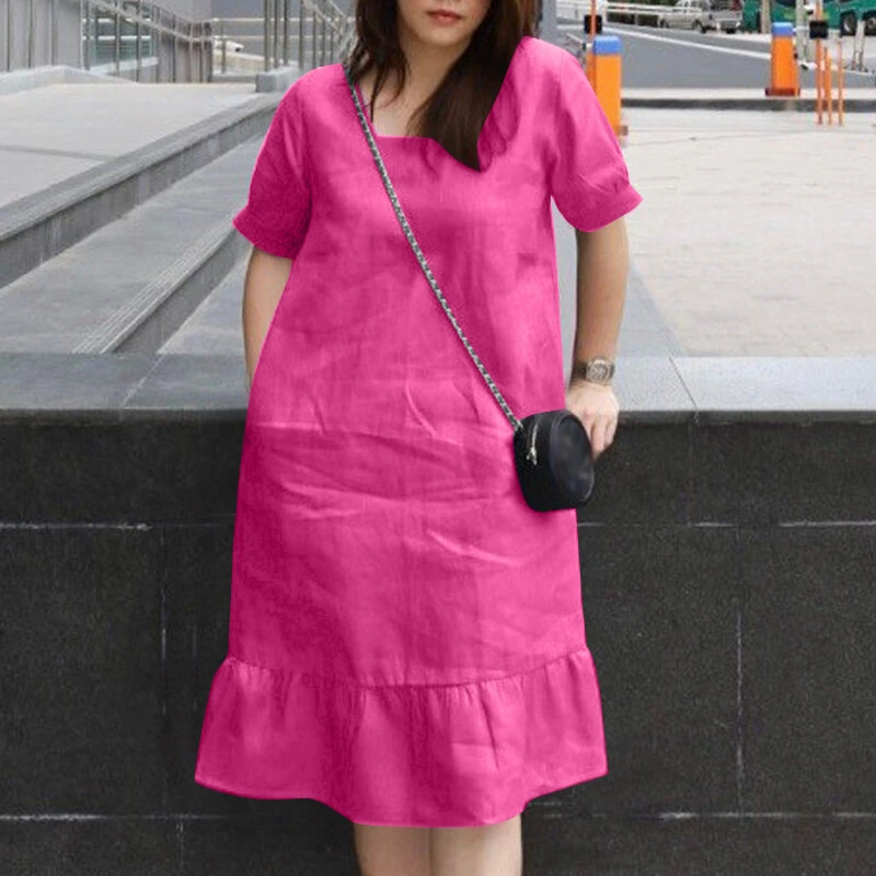 (image for) ZANZEA Women's Dresses Summer Vintage Casual Lantern Sleeve Ruffled Trim Square Neck Loose Solid Dress