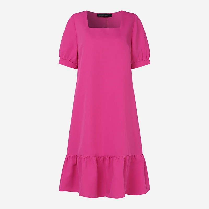 (image for) ZANZEA Women's Dresses Summer Vintage Casual Lantern Sleeve Ruffled Trim Square Neck Loose Solid Dress