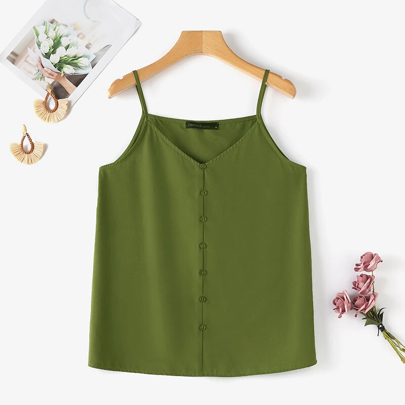 (image for) ZANZEA Womens Spaghetti Strap Camisole Summer Tank Tops V Neck Casual Slip Blouse Streetwear