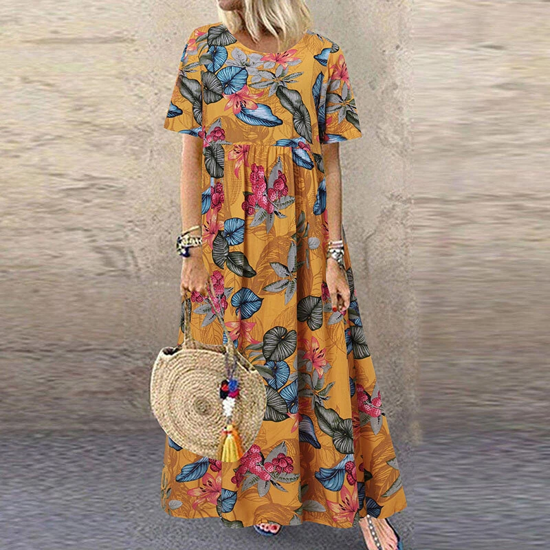 (image for) ZANZEA Womens Summer Short Sleeve Printed Swing Long Maxi Dress Holiday Beach Sundress