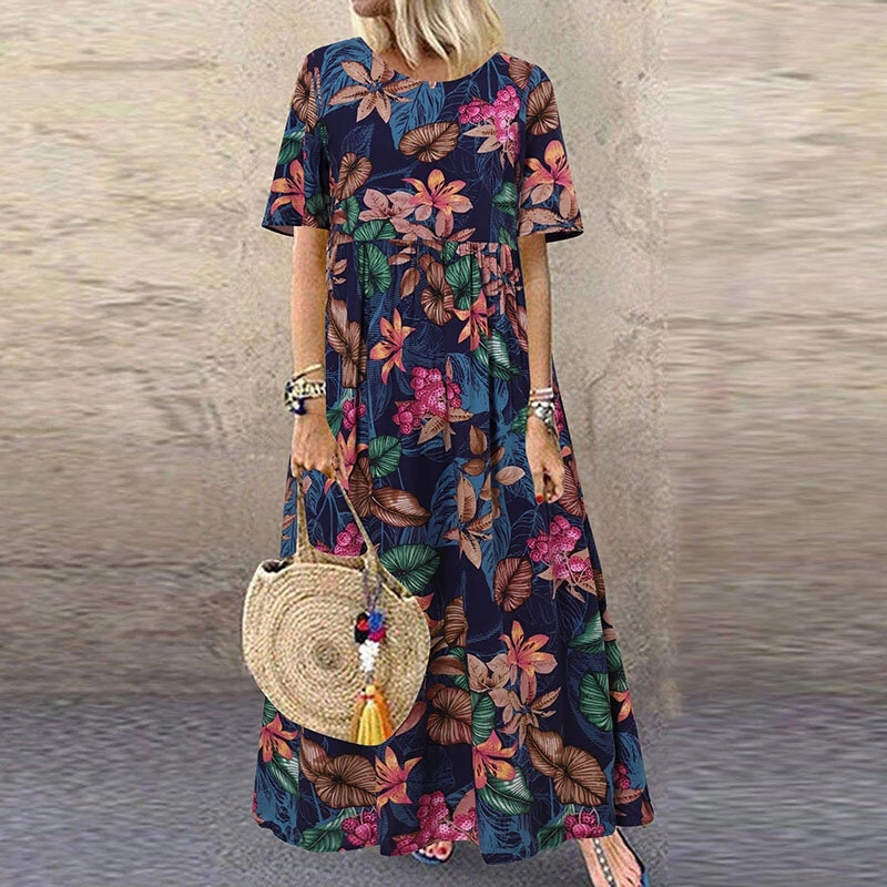 (image for) ZANZEA Womens Summer Short Sleeve Printed Swing Long Maxi Dress Holiday Beach Sundress