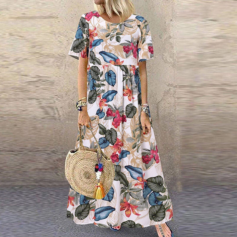 (image for) ZANZEA Womens Summer Short Sleeve Printed Swing Long Maxi Dress Holiday Beach Sundress