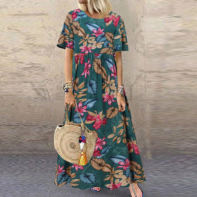 (image for) ZANZEA Womens Summer Short Sleeve Printed Swing Long Maxi Dress Holiday Beach Sundress
